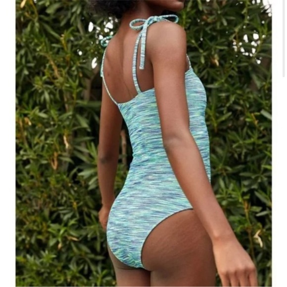 AERIE Blue and Green Cheeky One Piece Shoulder Tie Bathing Suit | XL - Picture 6 of 10